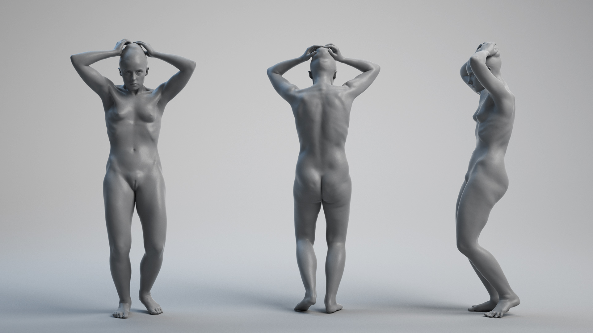 woman with hands on head 3d model pose